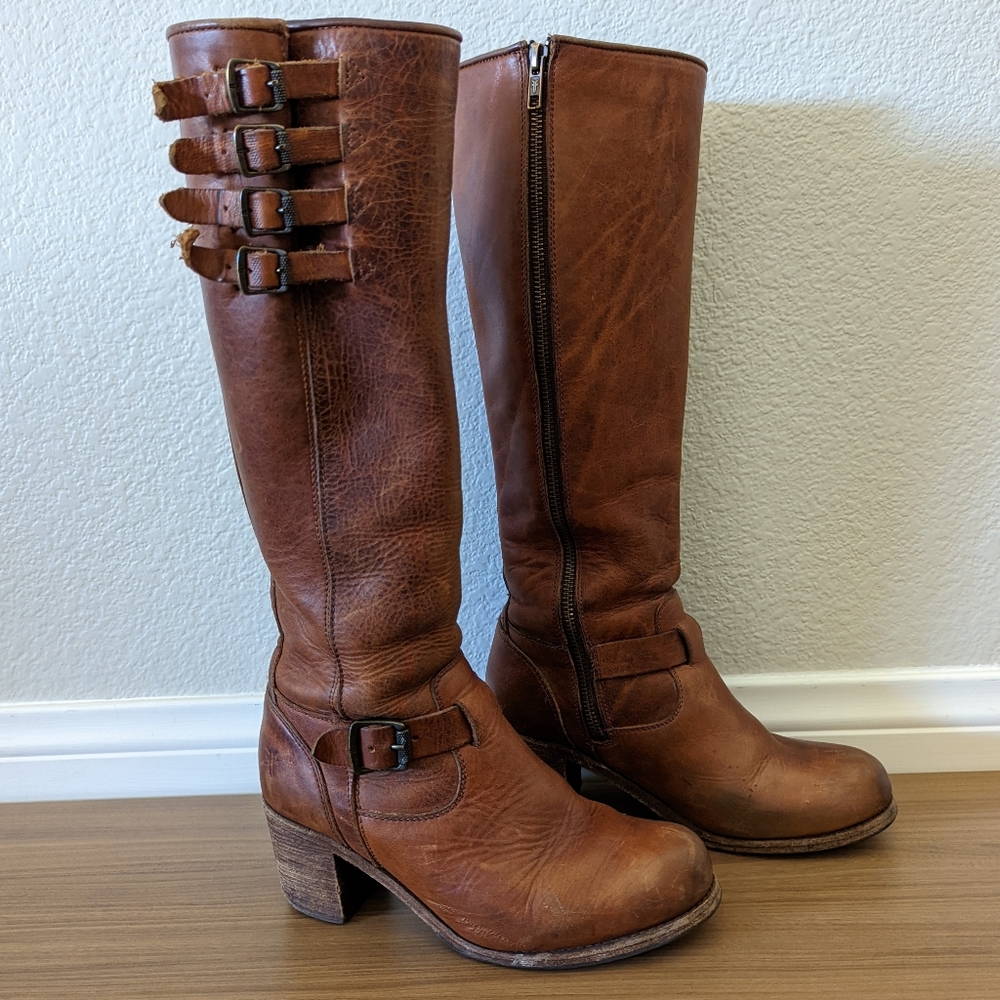 6.5 Frye Kelly Knee-High Boots - Cognac with Buckles